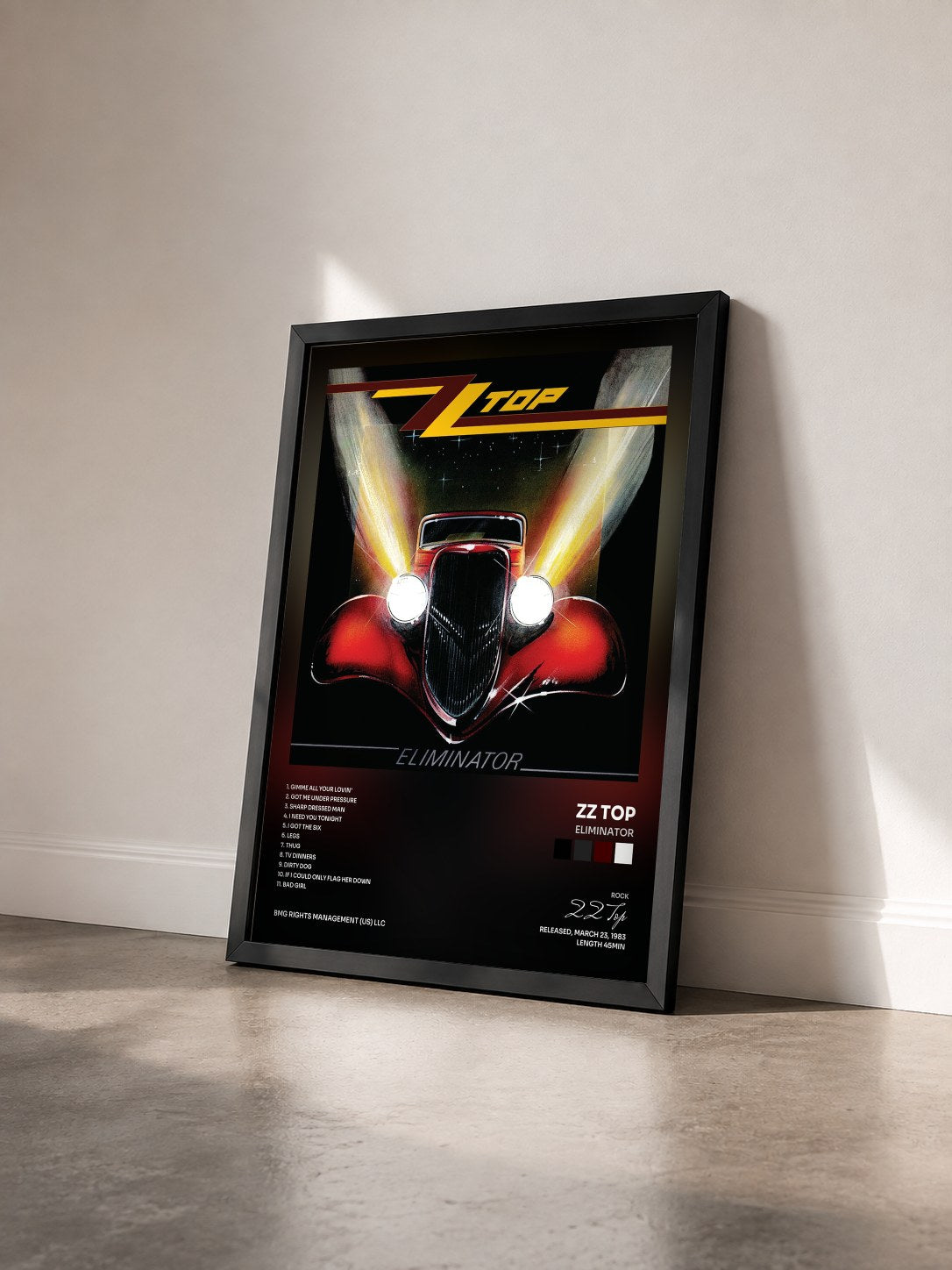 #noir Tableau de l'album Eliminator de ZZ Top vu de trois quarts, cadre noir