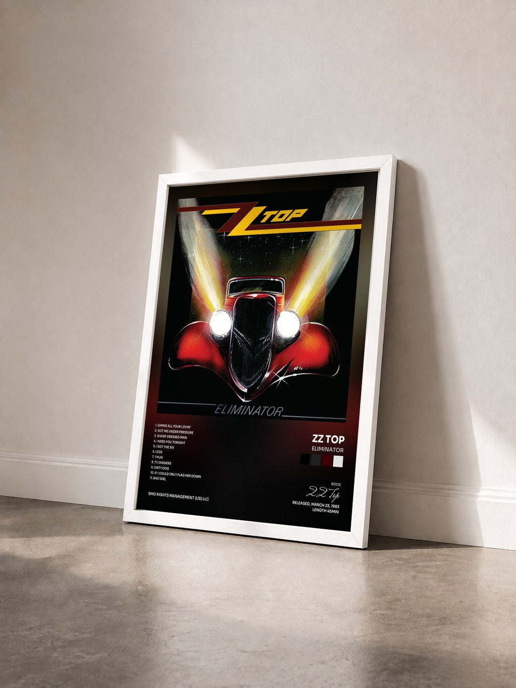#blanc Tableau de l'album Eliminator de ZZ Top vu de trois quarts, cadre blanc