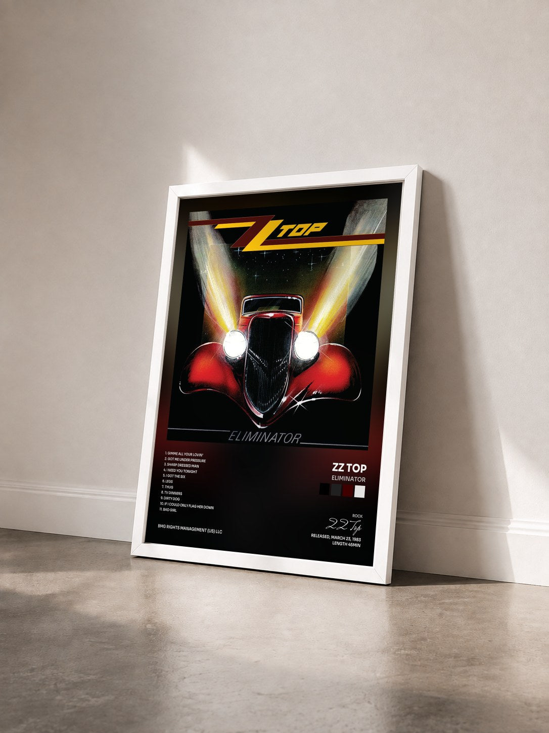 #blanc Tableau de l'album Eliminator de ZZ Top vu de trois quarts, cadre blanc