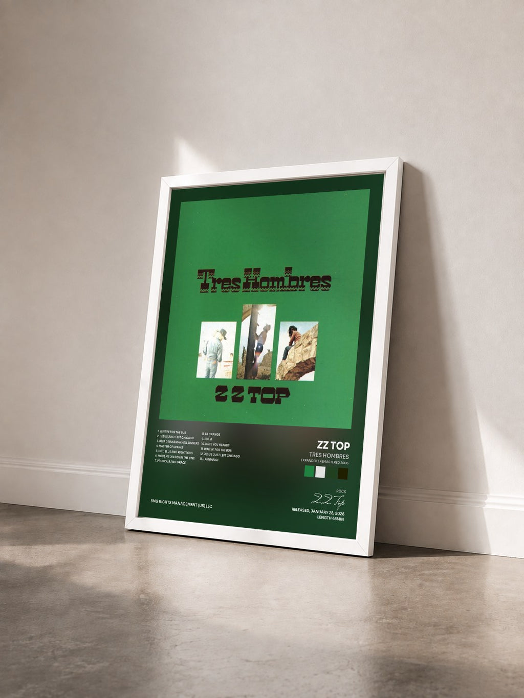 #blanc Tres Hombres (Expanded / Remastered 2006) de ZZ Top en lámina enmarcada vista de tres cuartos, marco blanco