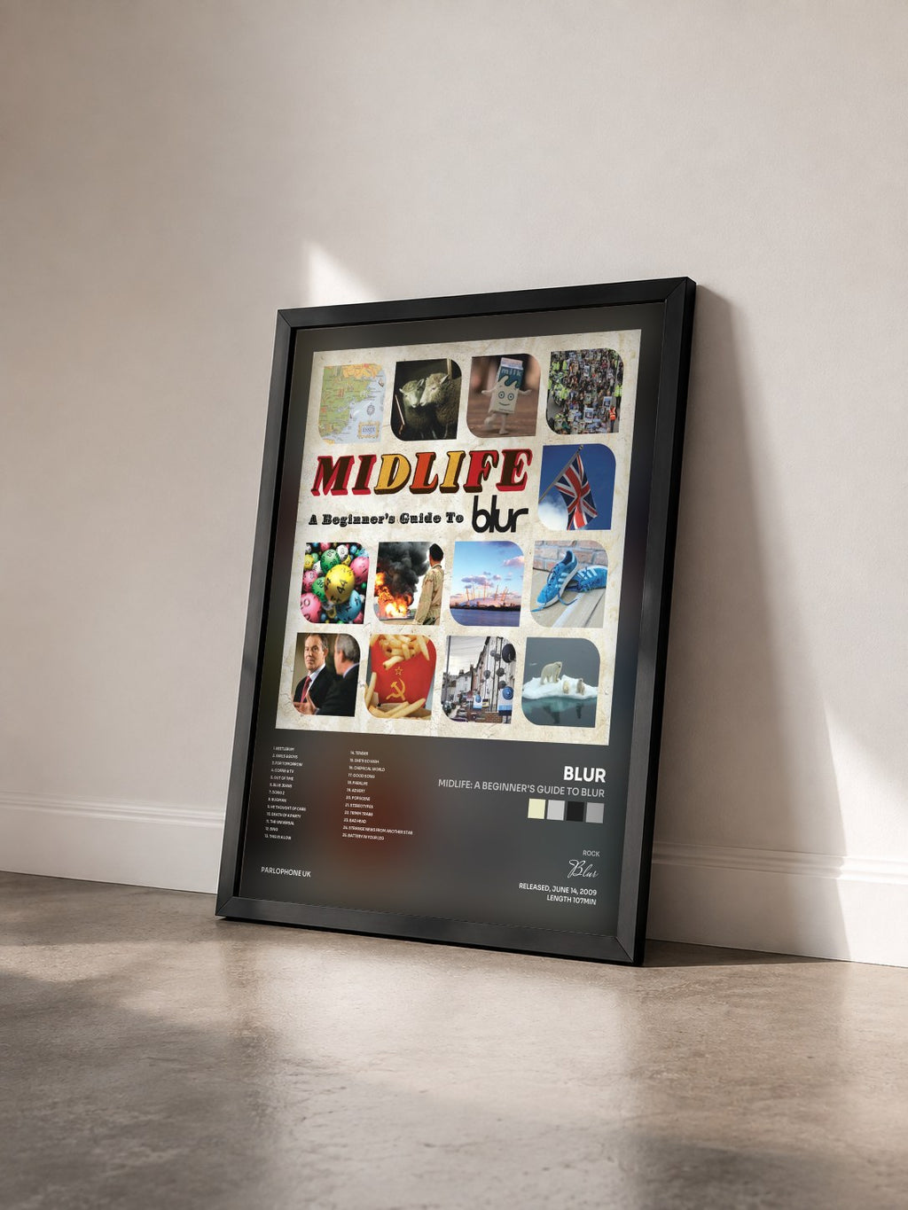 #noir Tableau de l'album Midlife: A Beginner's Guide to Blur de Blur vu de trois quarts, cadre noir
