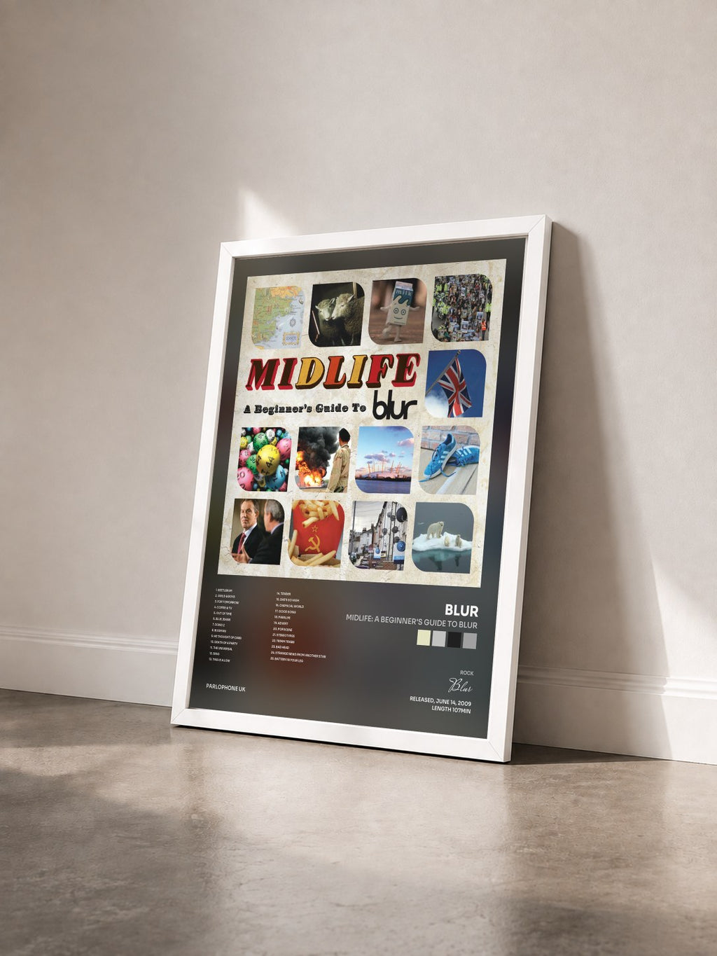 #blanc Tableau de l'album Midlife: A Beginner's Guide to Blur de Blur vu de trois quarts, cadre blanc
