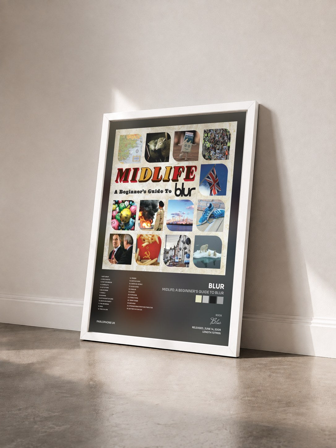 #blanc Tableau de l'album Midlife: A Beginner's Guide to Blur de Blur vu de trois quarts, cadre blanc