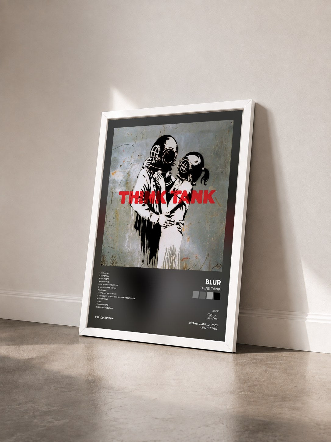 #blanc Tableau de l'album Think Tank de Blur vu de trois quarts, cadre blanc