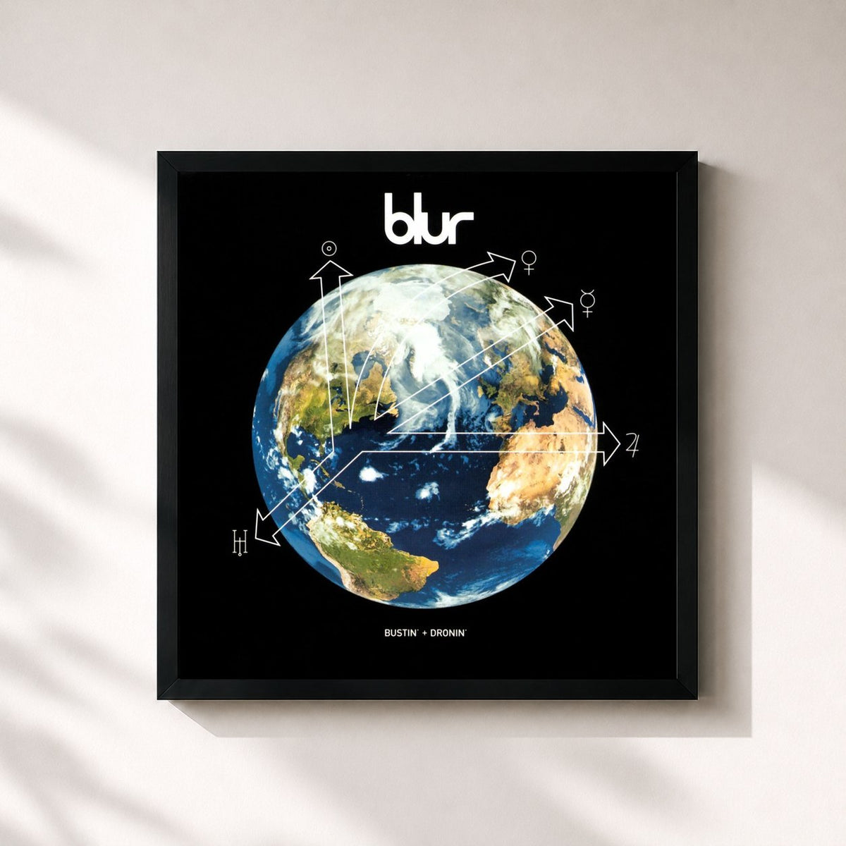#noir Tableau carré de l'album Bustin' + Dronin' de Blur, cadre noir 32x32 cm