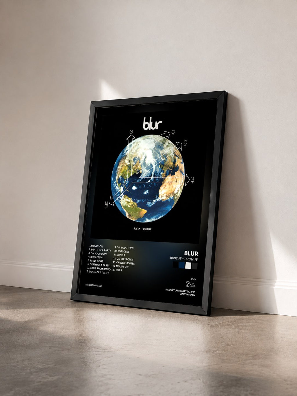 #noir Tableau de l'album Bustin' + Dronin' de Blur vu de trois quarts, cadre noir