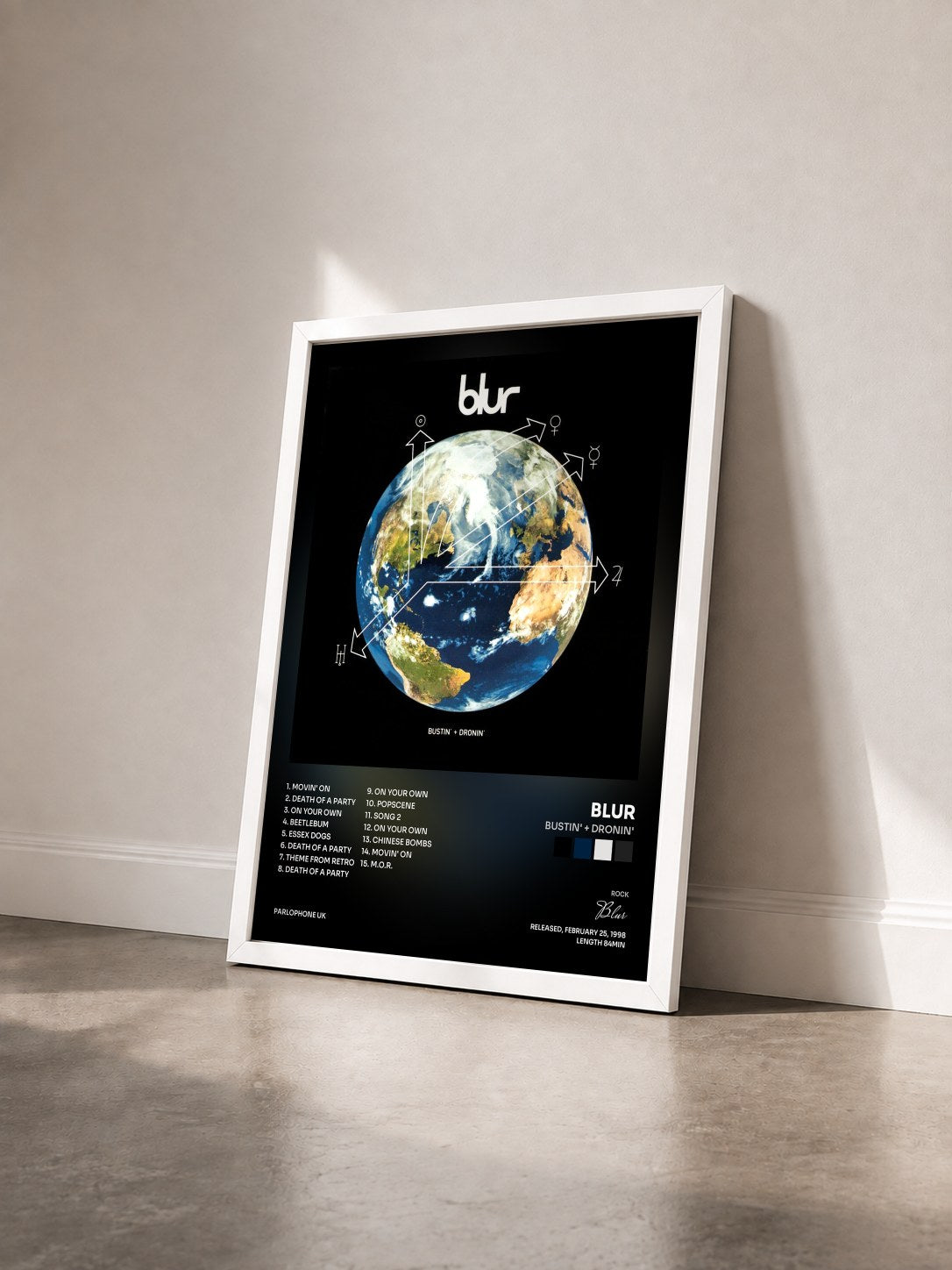 #blanc Tableau de l'album Bustin' + Dronin' de Blur vu de trois quarts, cadre blanc
