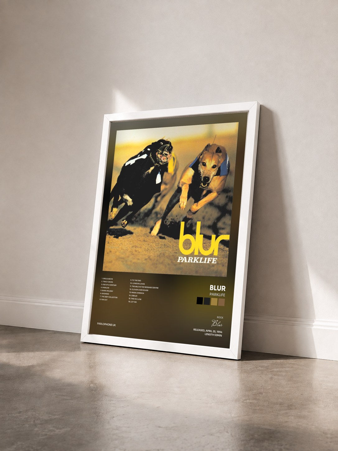 #blanc Tableau de l'album Parklife de Blur vu de trois quarts, cadre blanc