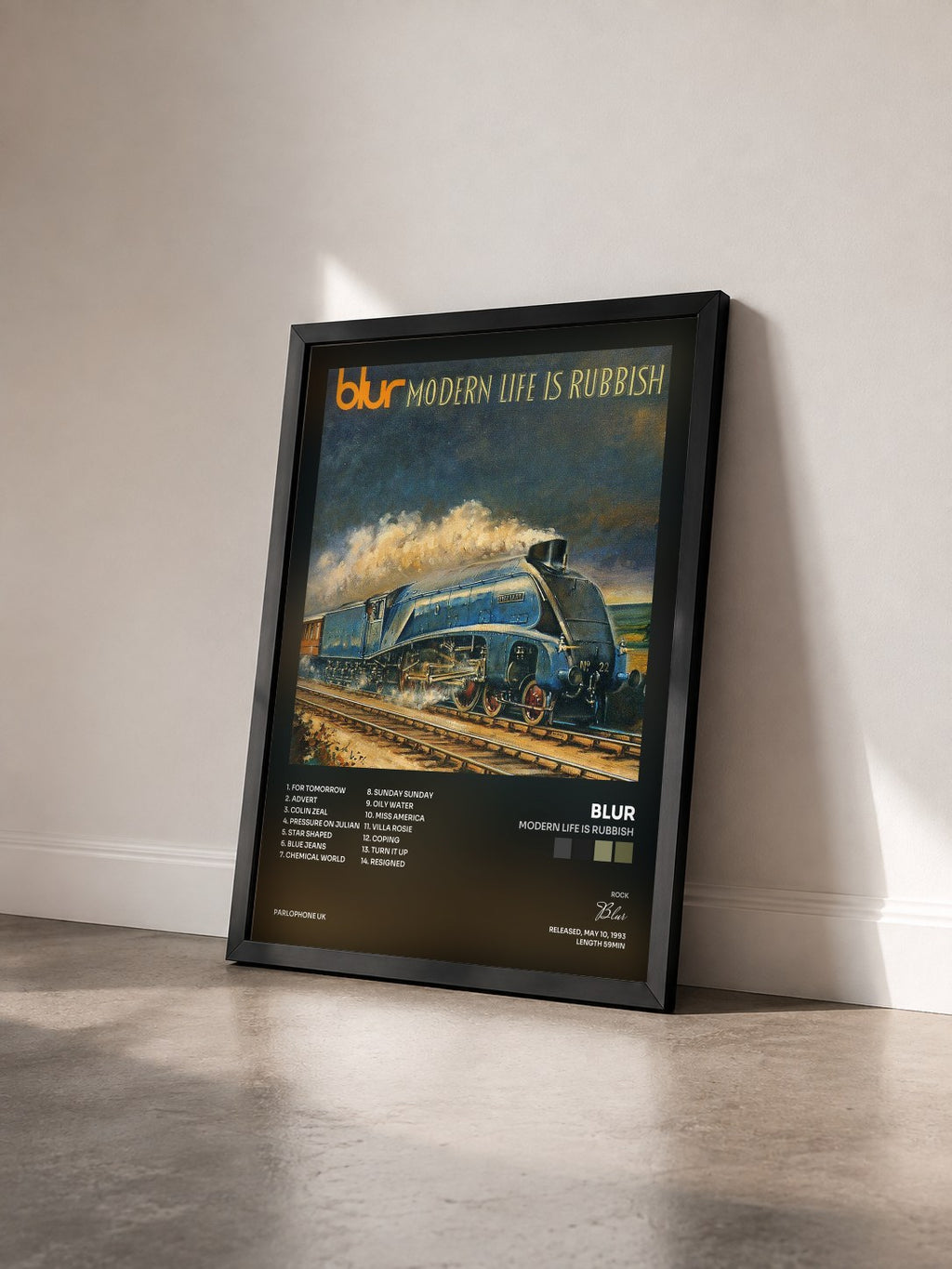 #noir Modern Life Is Rubbish di Blur in stampa incorniciata vista di tre quarti, cornice nera