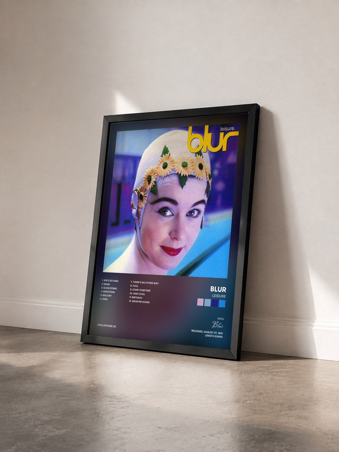 #noir Tableau de l'album Leisure de Blur vu de trois quarts, cadre noir