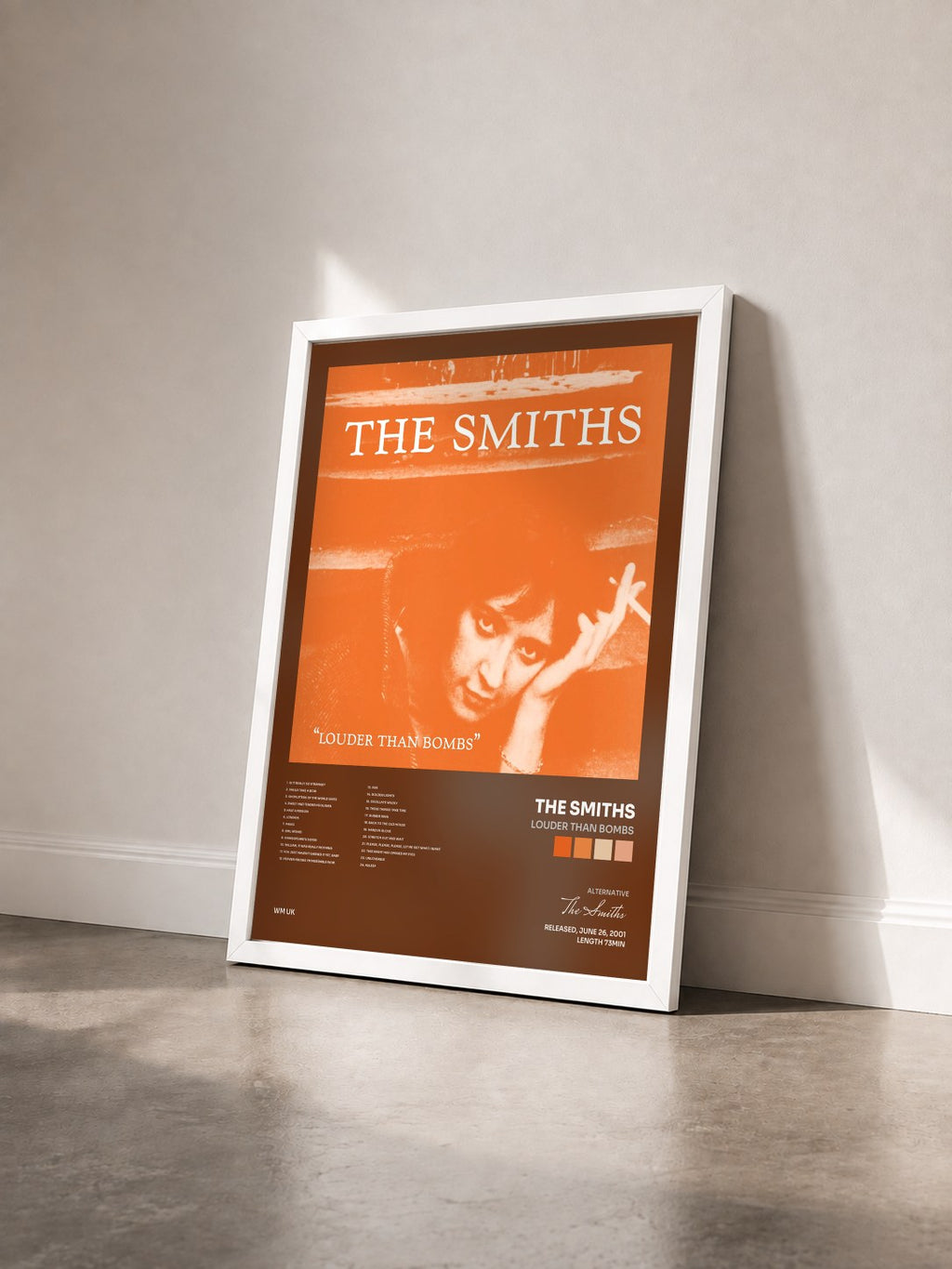 #blanc Louder Than Bombs di The Smiths in stampa incorniciata vista di tre quarti, cornice bianca