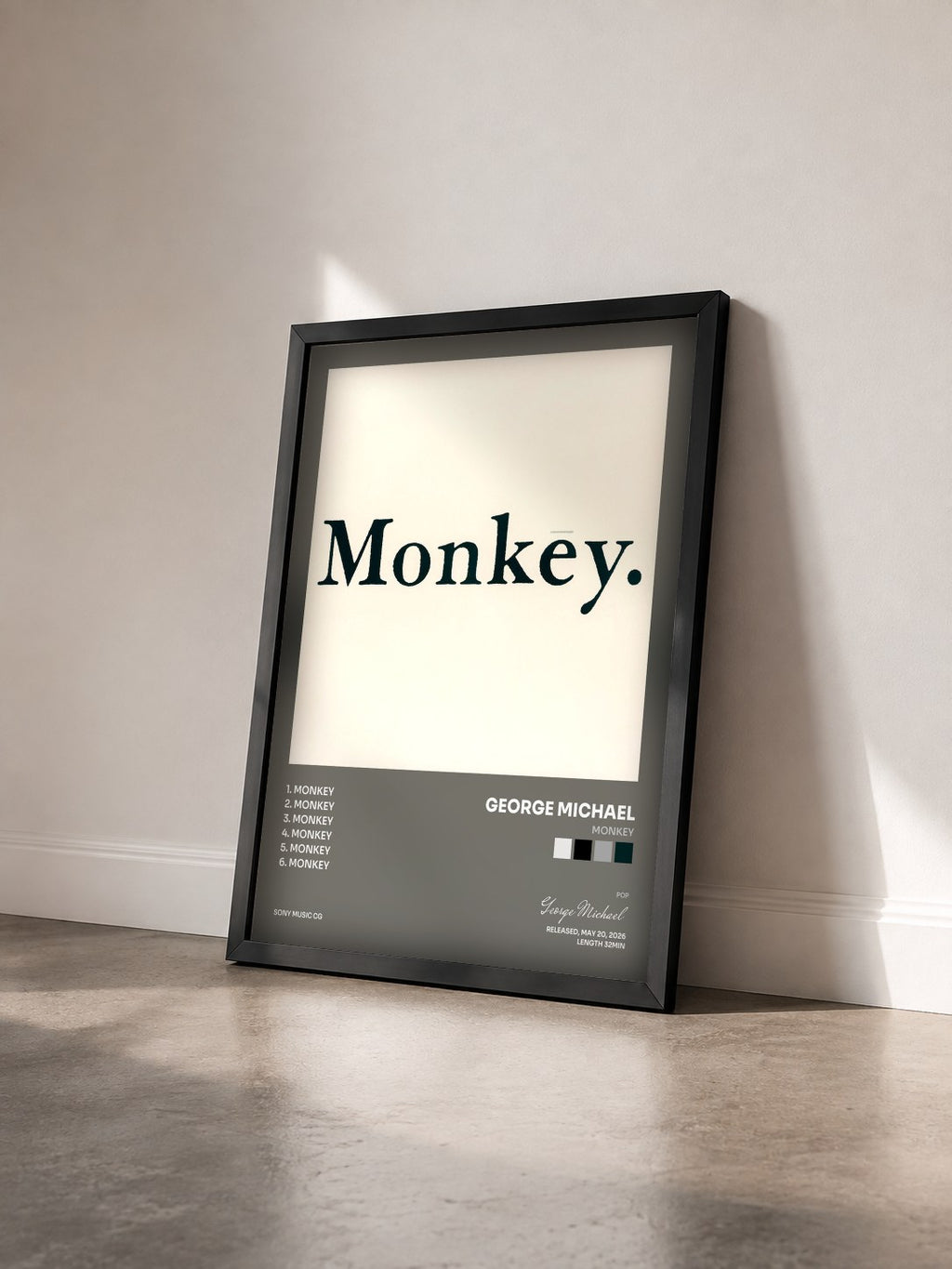 #noir Tableau de l'album Monkey de George Michael vu de trois quarts, cadre noir