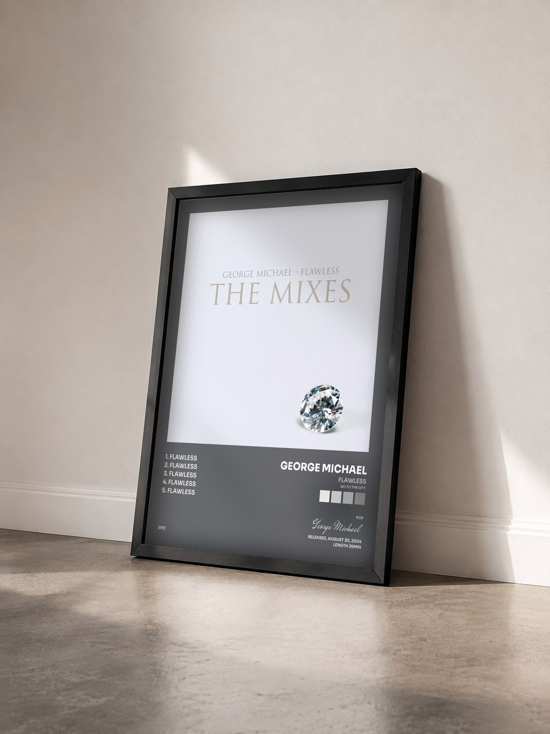 #noir Tableau de l'album Flawless (Go to the City) de George Michael vu de trois quarts, cadre noir