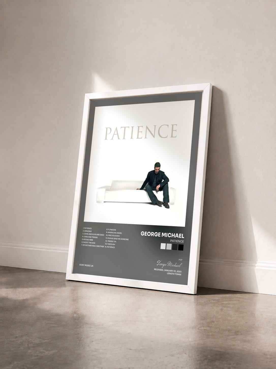 #blanc Tableau de l'album Patience de George Michael vu de trois quarts, cadre blanc