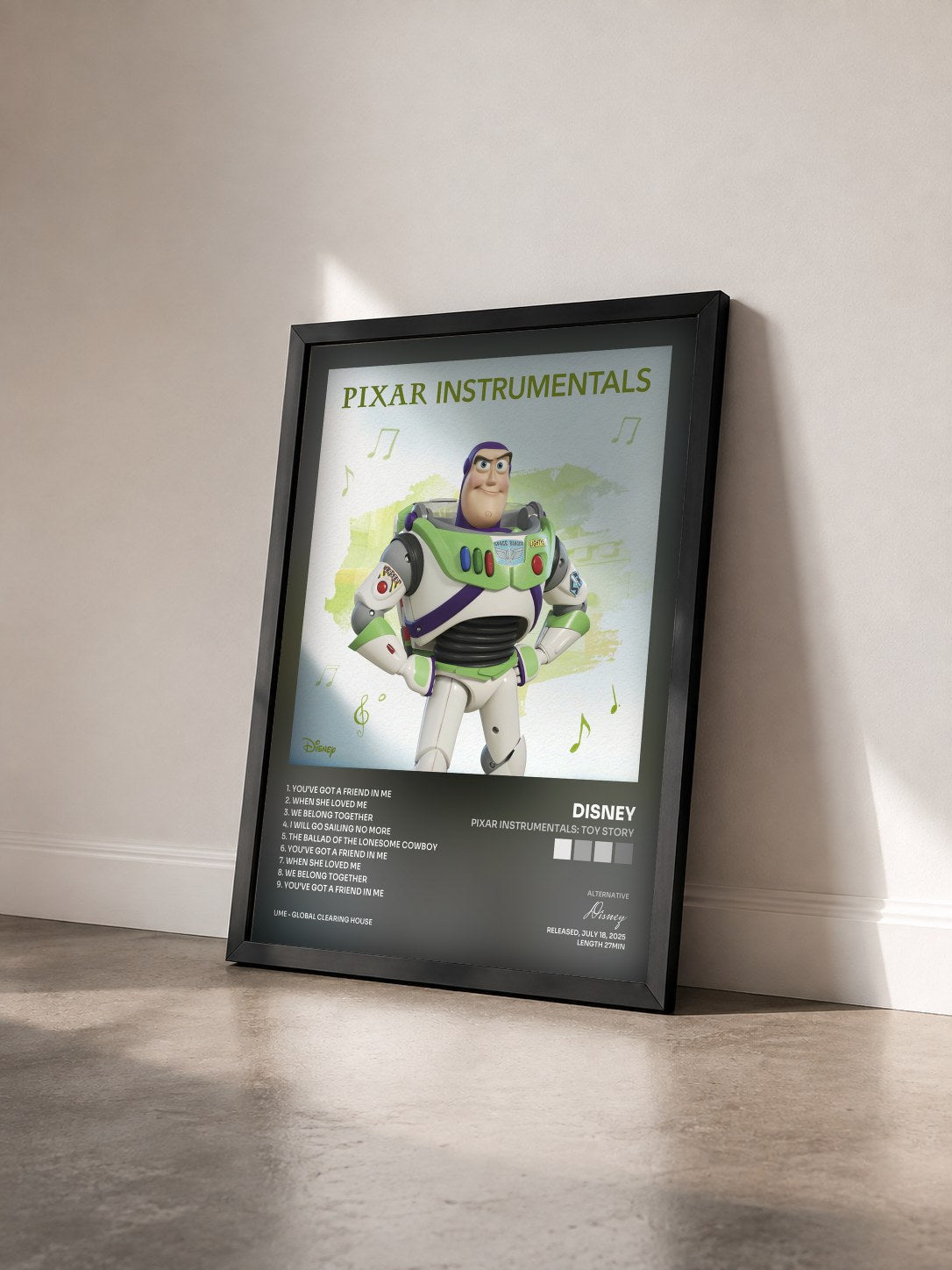 #noir Tableau de l'album Pixar Instrumentals: Toy Story de Disney vu de trois quarts, cadre noir