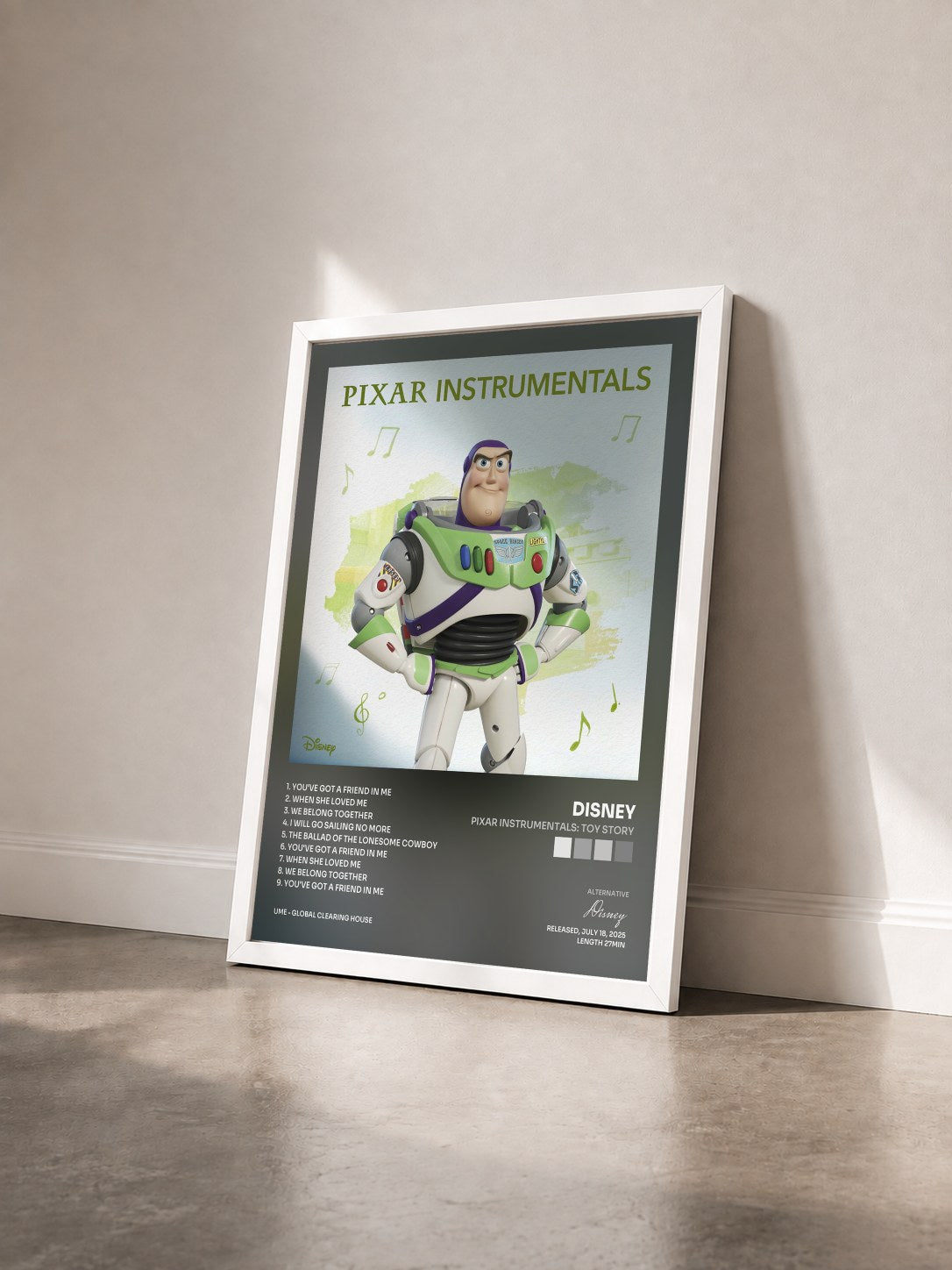 #blanc Tableau de l'album Pixar Instrumentals: Toy Story de Disney vu de trois quarts, cadre blanc