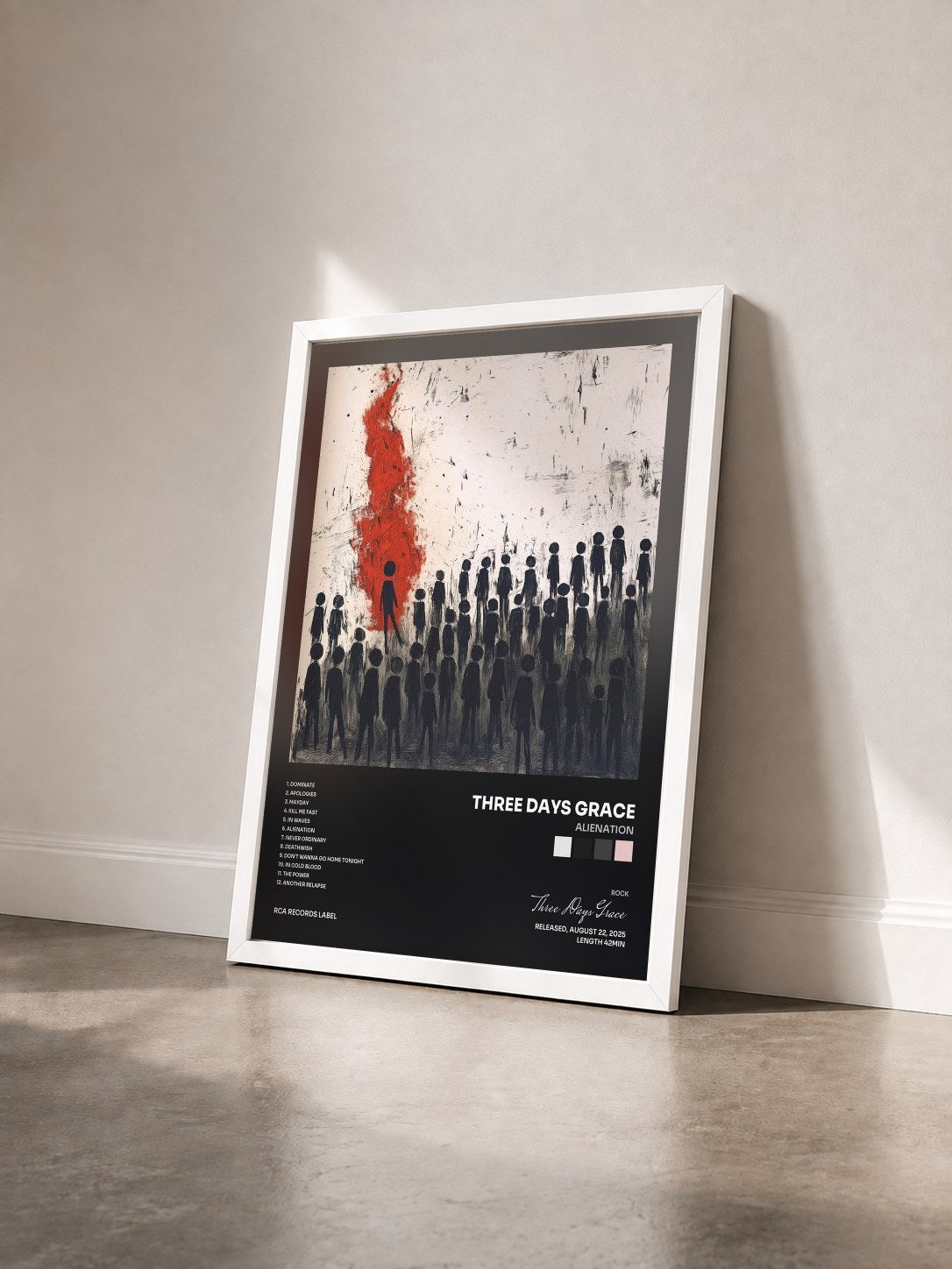 #blanc Tableau de l'album Alienation de Three Days Grace vu de trois quarts, cadre blanc
