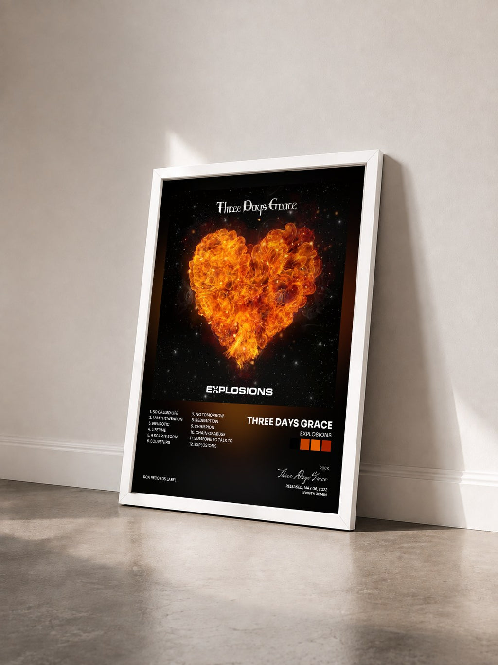 #blanc Tableau de l'album EXPLOSIONS de Three Days Grace vu de trois quarts, cadre blanc