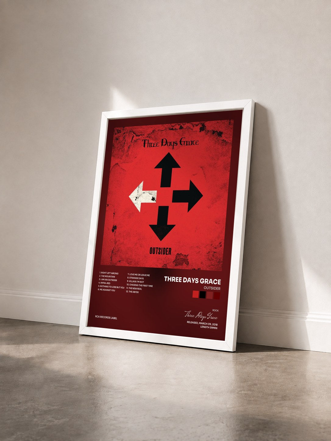 #blanc Tableau de l'album Outsider de Three Days Grace vu de trois quarts, cadre blanc