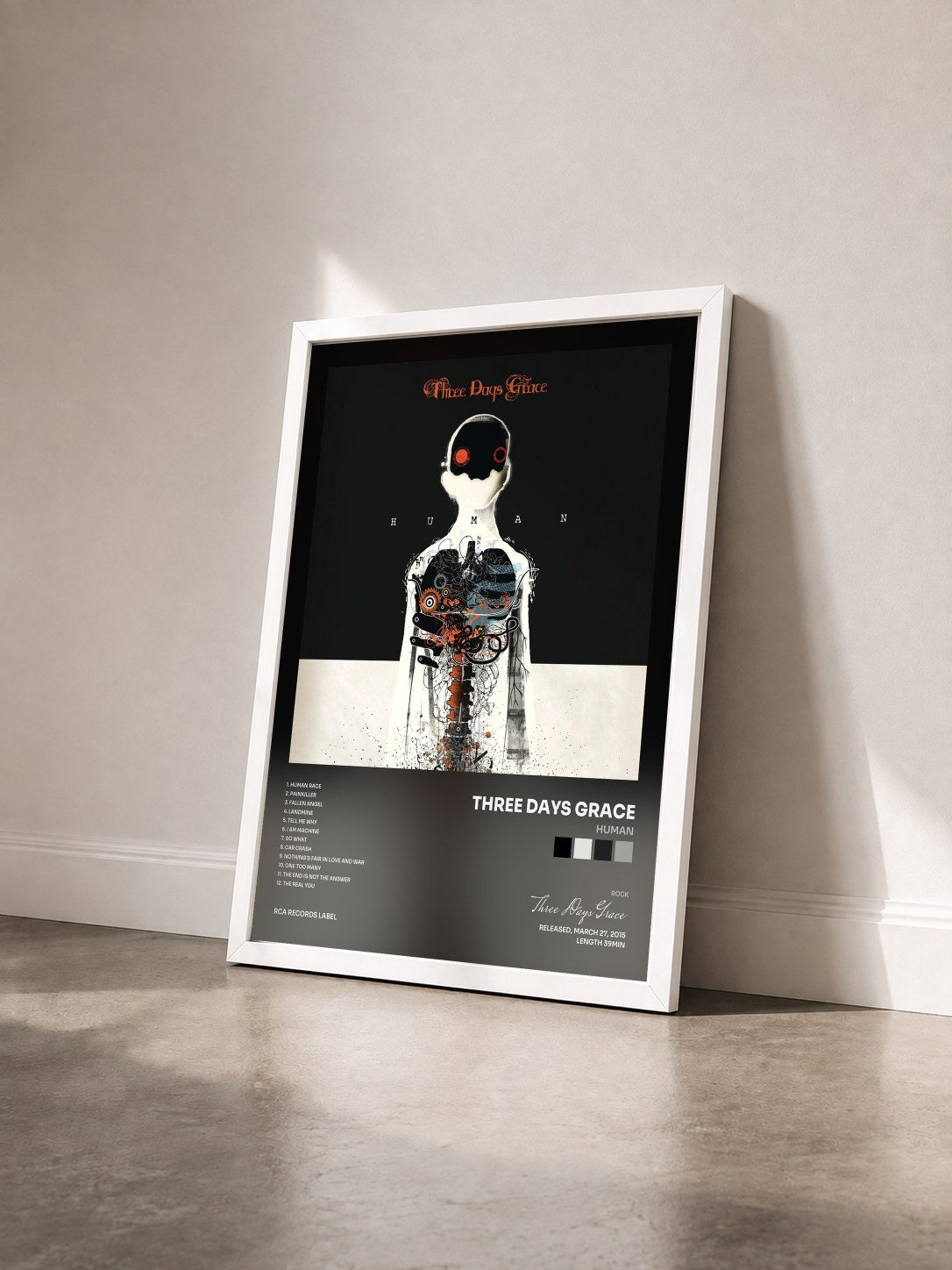 #blanc Tableau de l'album Human de Three Days Grace vu de trois quarts, cadre blanc