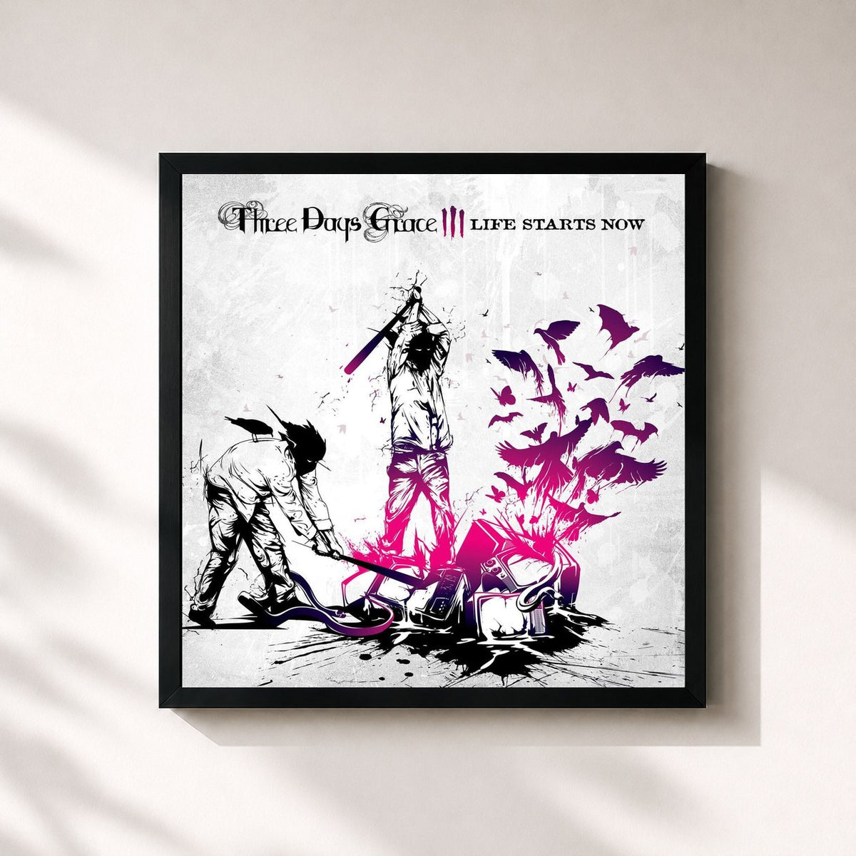 #noir Tableau carré de l'album Life Starts Now de Three Days Grace, cadre noir 32x32 cm