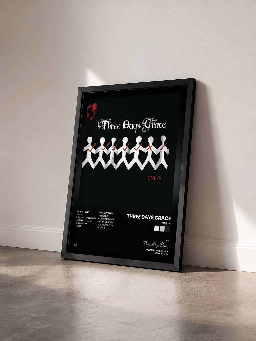 #noir One-X by Three Days Grace as a framed art print seen at an angle, black frame