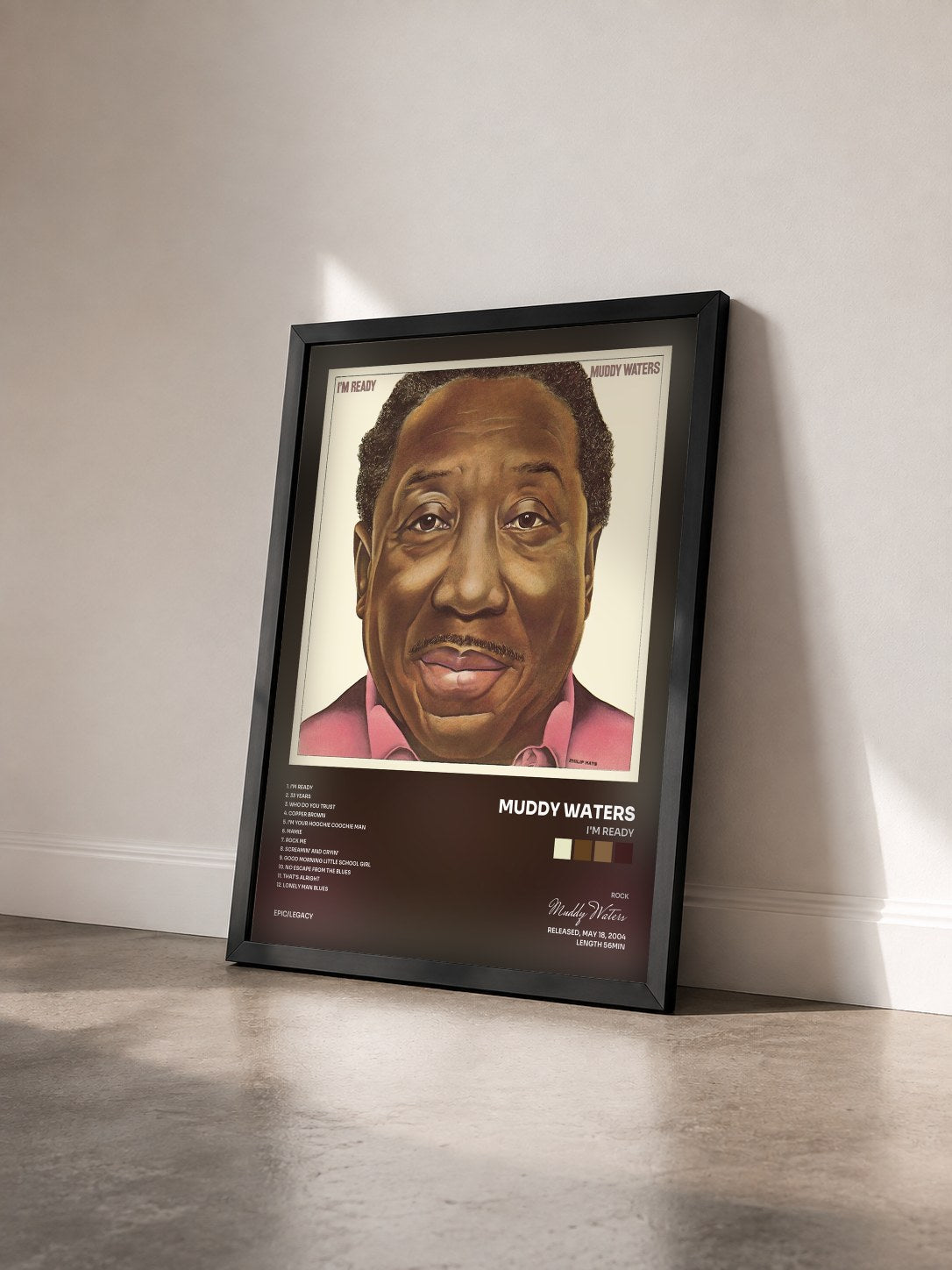 #noir I'm Ready di Muddy Waters in stampa incorniciata vista di tre quarti, cornice nera