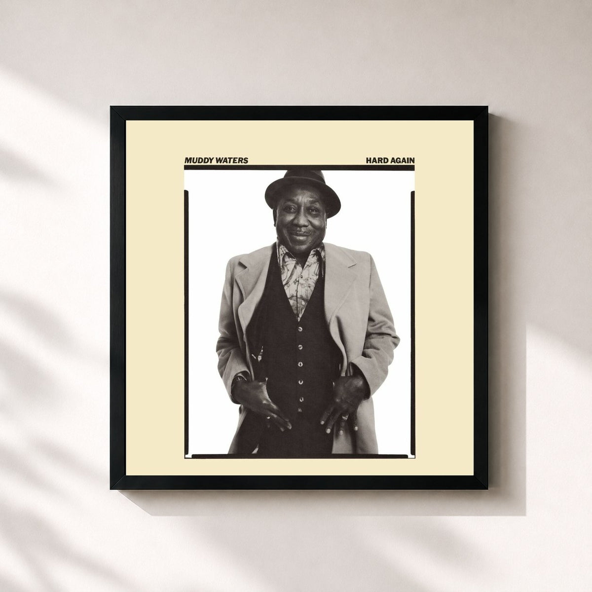 #noir Hard Again di Muddy Waters in stampa quadrata incorniciata, cornice nera 32x32 cm