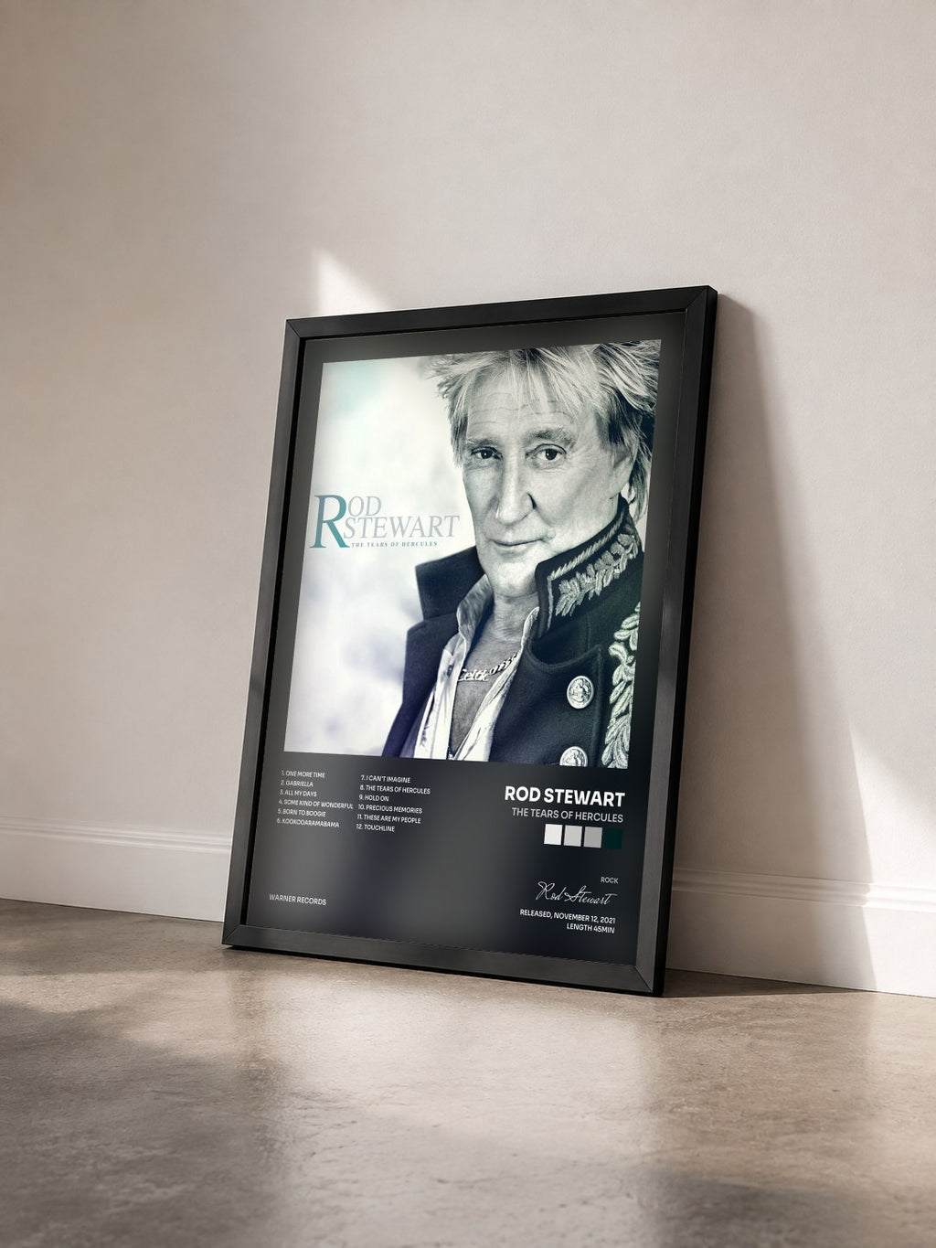 #noir Tableau de l'album The Tears Of Hercules de Rod Stewart vu de trois quarts, cadre noir