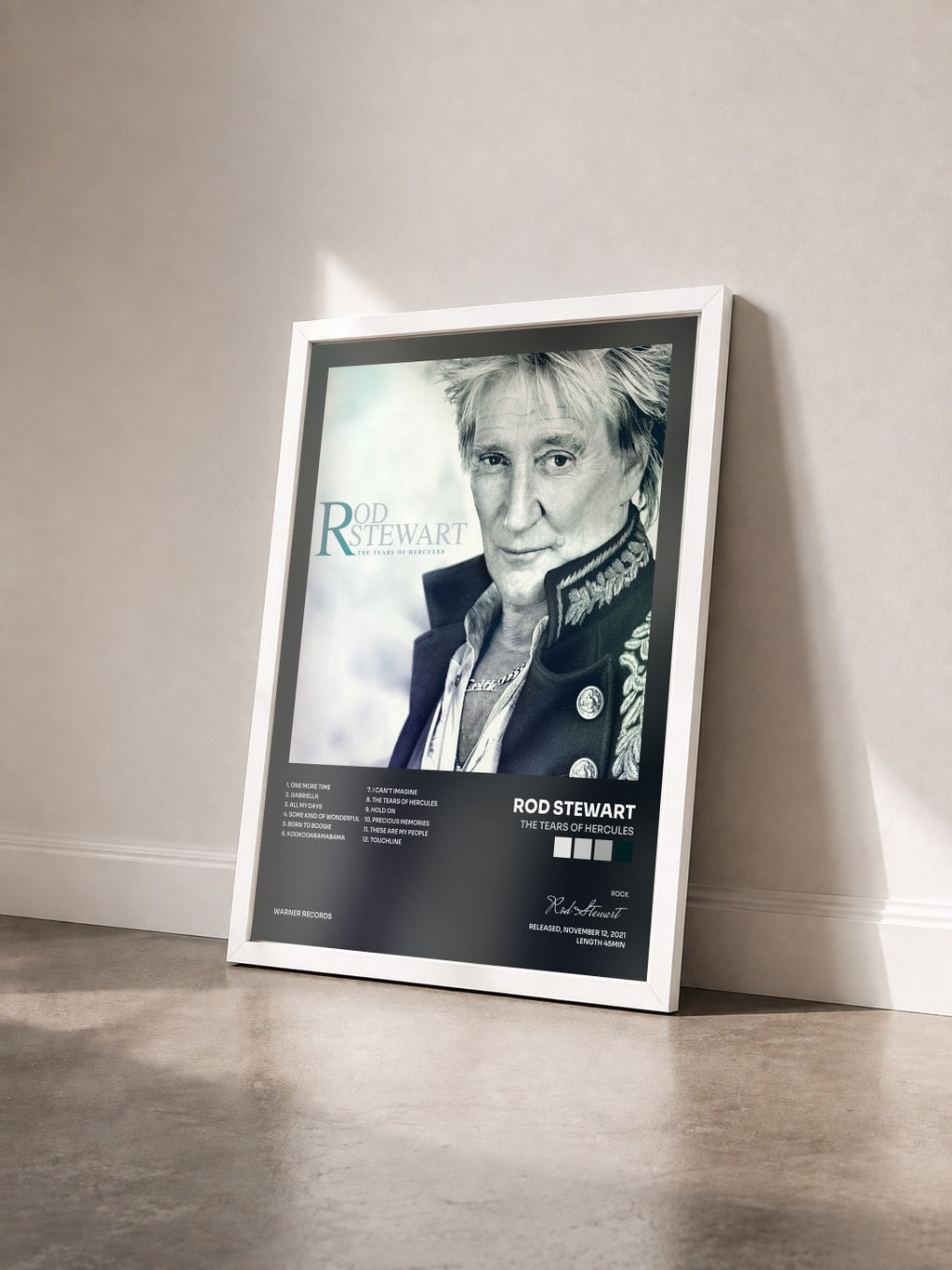 #blanc Tableau de l'album The Tears Of Hercules de Rod Stewart vu de trois quarts, cadre blanc