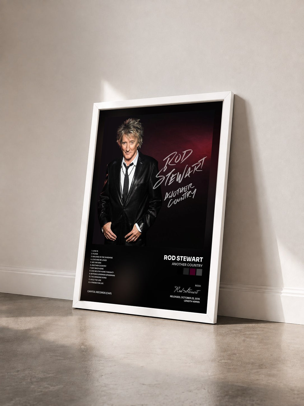 #blanc Tableau de l'album Another Country de Rod Stewart vu de trois quarts, cadre blanc