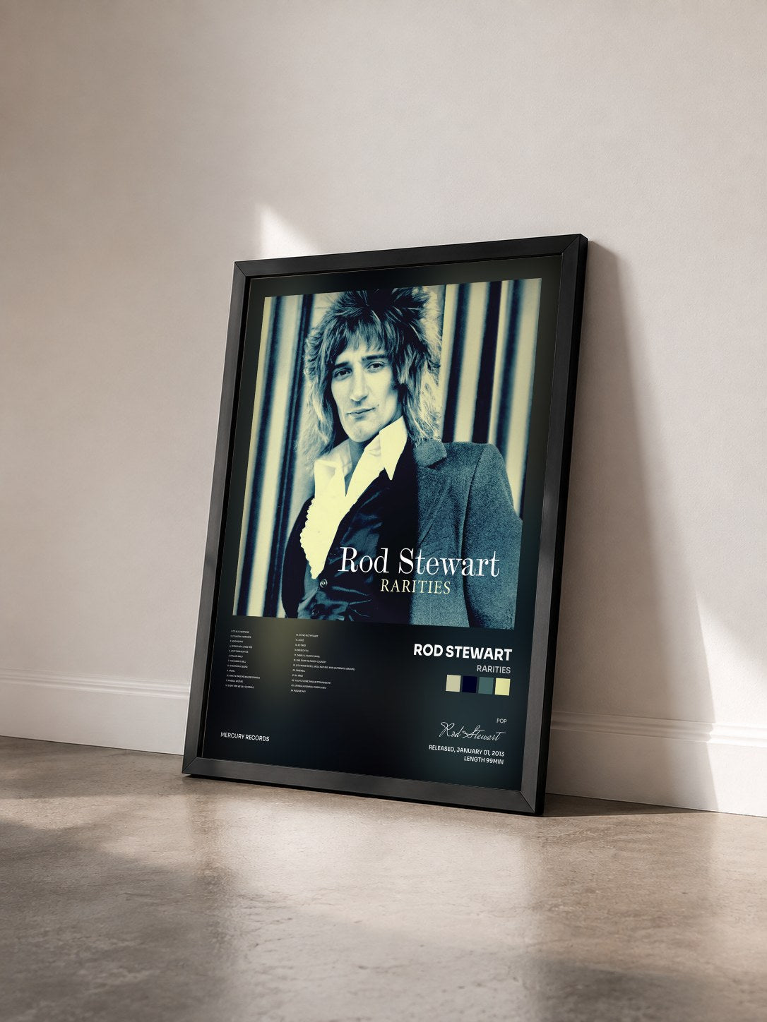 #noir Rarities de Rod Stewart en lámina enmarcada vista de tres cuartos, marco negro