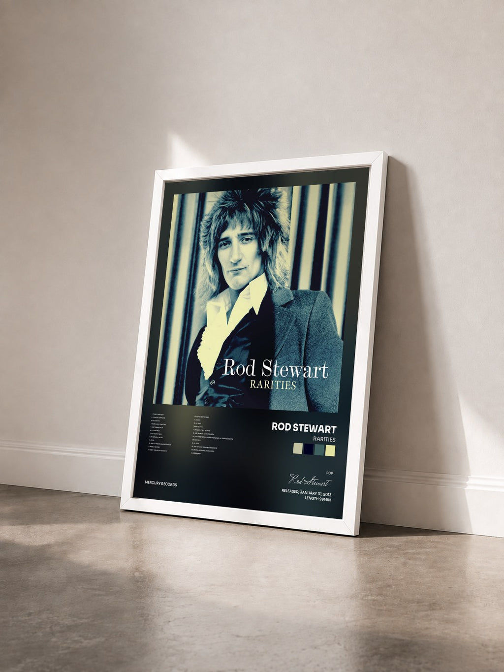 #blanc Rarities de Rod Stewart en lámina enmarcada vista de tres cuartos, marco blanco