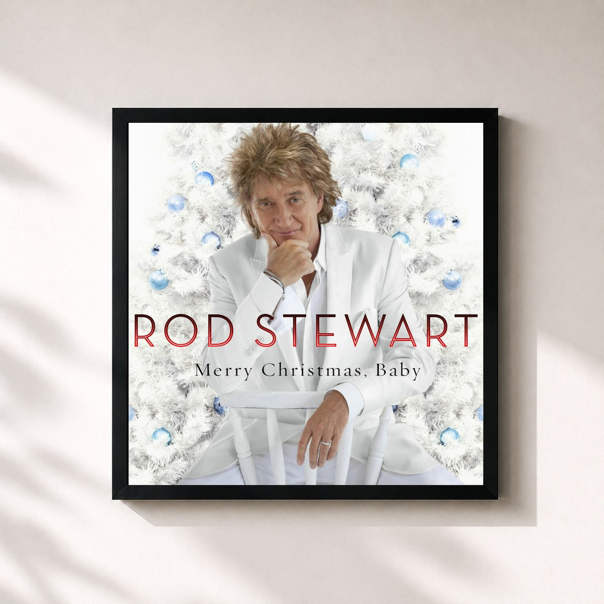 #noir Merry Christmas, Baby de Rod Stewart en lámina cuadrada enmarcada, marco negro de 32x32 cm