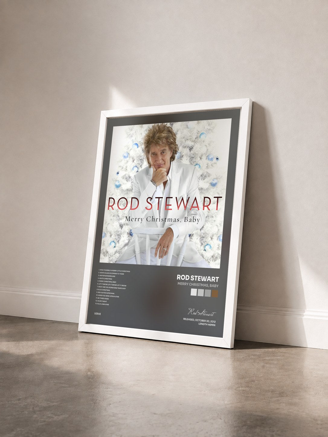 #blanc Merry Christmas, Baby de Rod Stewart en lámina enmarcada vista de tres cuartos, marco blanco