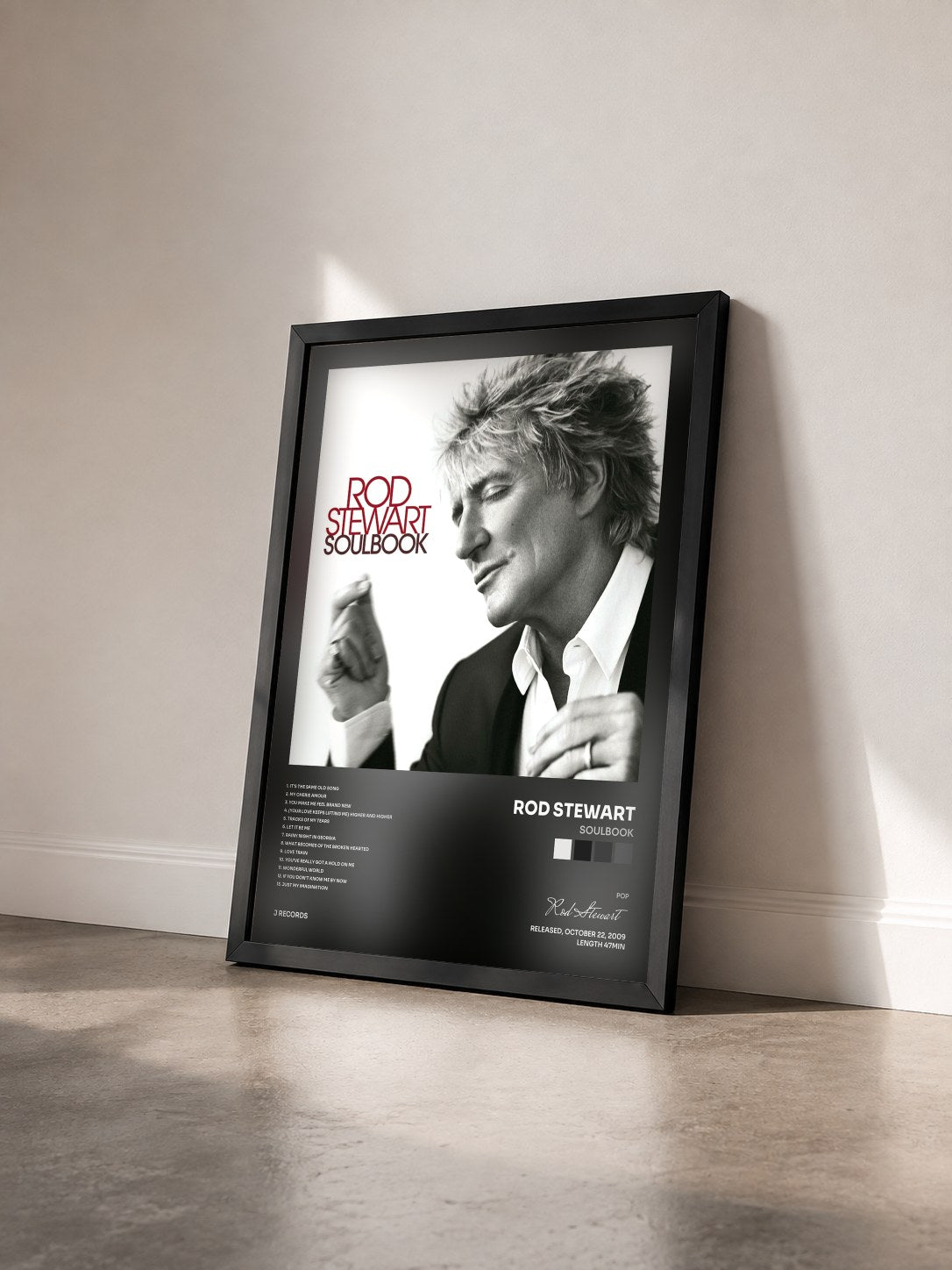 #noir Soulbook de Rod Stewart en lámina enmarcada vista de tres cuartos, marco negro