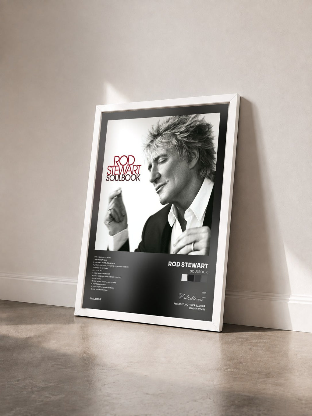 #blanc Soulbook de Rod Stewart en lámina enmarcada vista de tres cuartos, marco blanco
