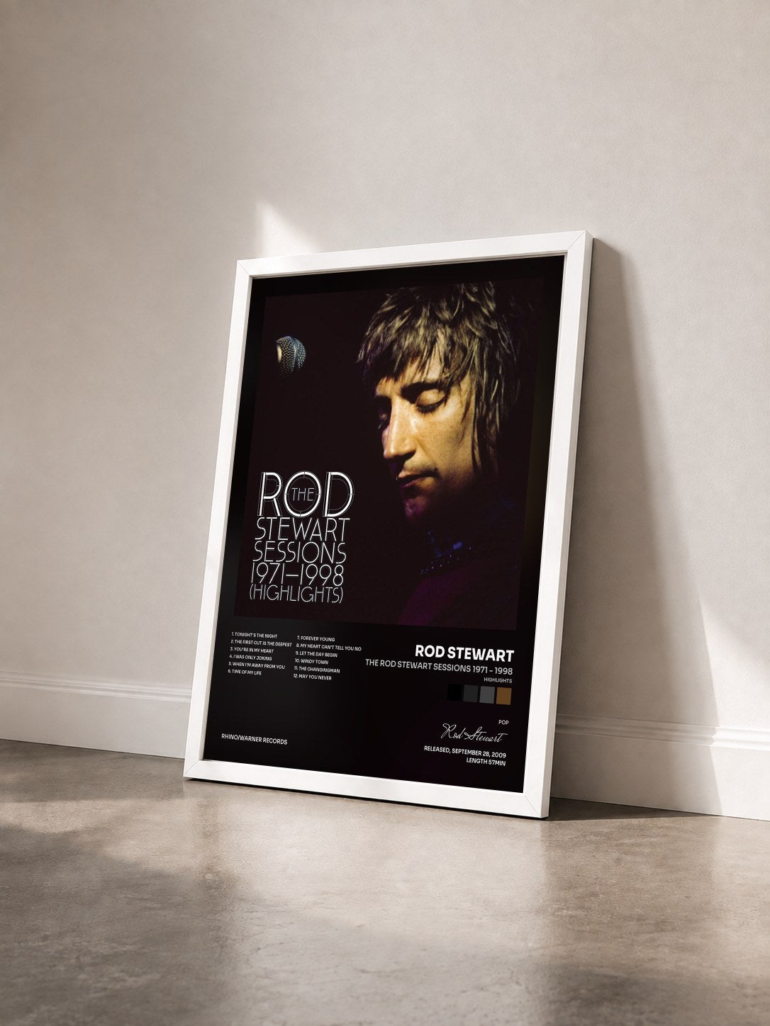 #blanc The Rod Stewart Sessions 1971 - 1998 (Highlights) de Rod Stewart en lámina enmarcada vista de tres cuartos, marco blanco