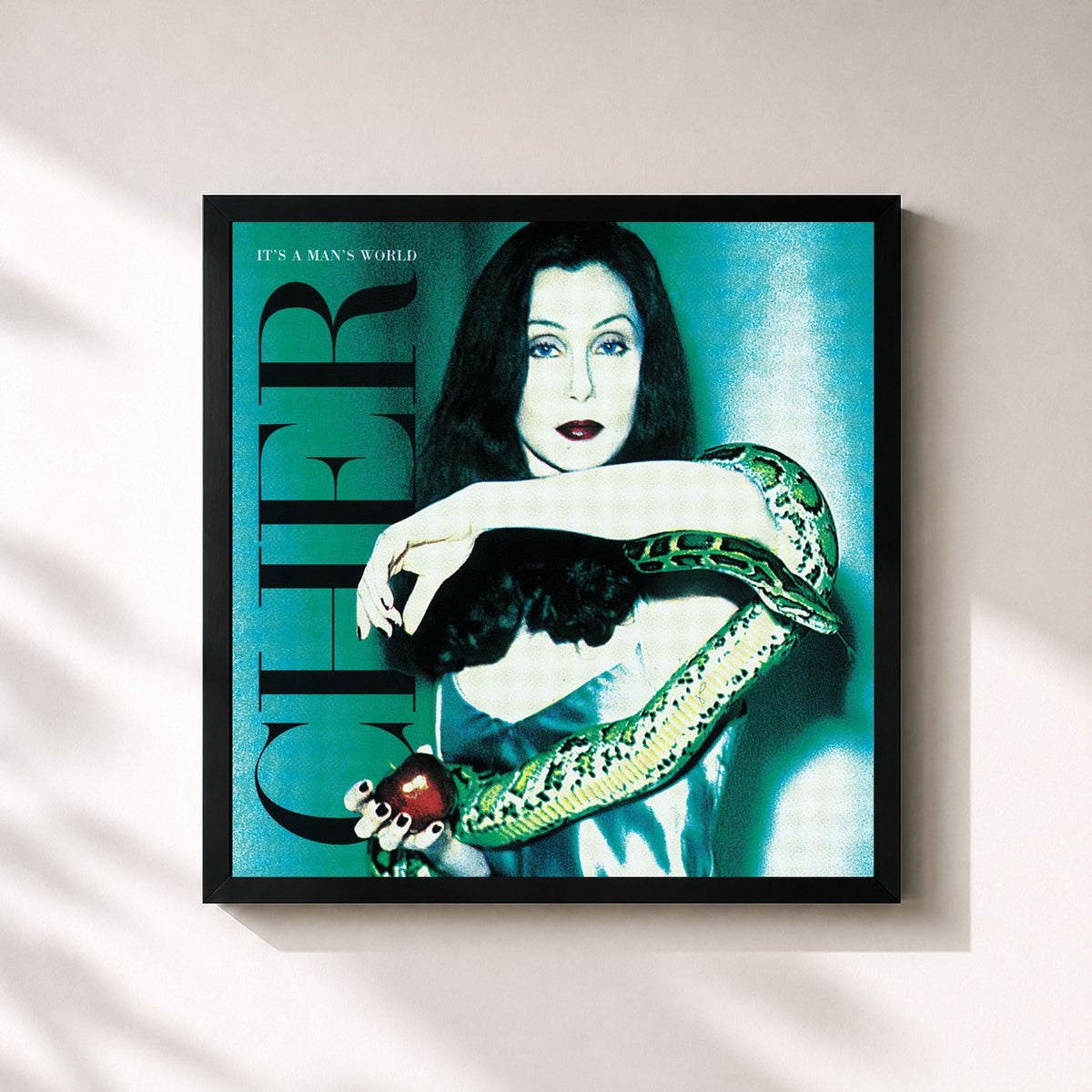 #noir It's a Man's World di Cher in stampa quadrata incorniciata, cornice nera 32x32 cm