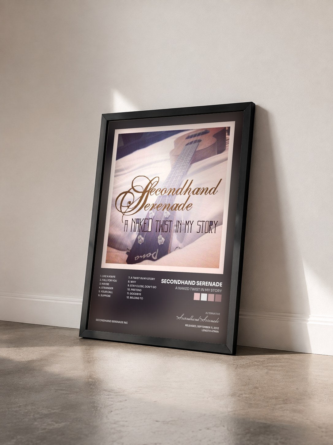 #noir Tableau de l'album A Naked Twist in My Story de Secondhand Serenade vu de trois quarts, cadre noir
