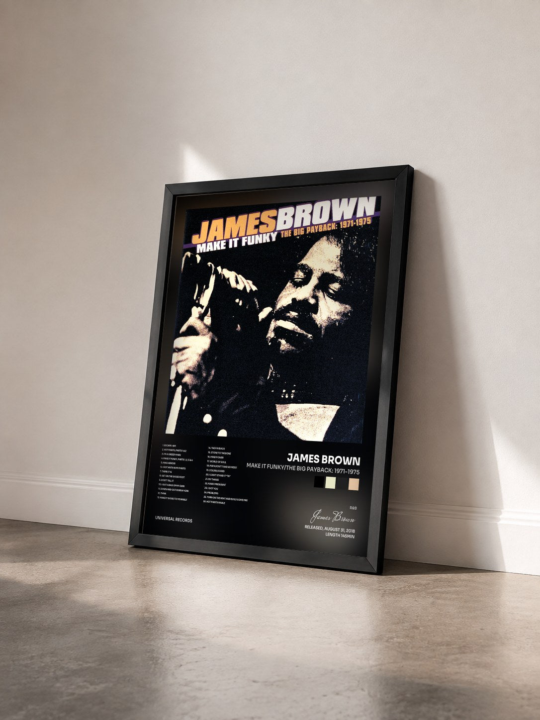 #noir Tableau de l'album Make It Funky/The Big Payback: 1971-1975 de James Brown vu de trois quarts, cadre noir