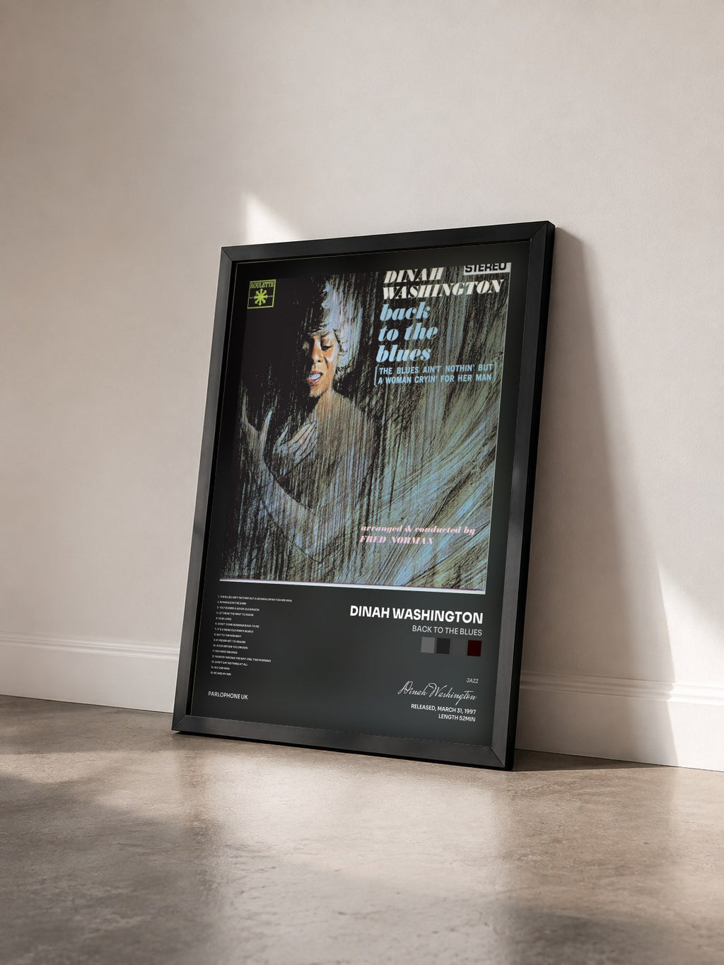 #noir Tableau de l'album Back To The Blues de Dinah Washington vu de trois quarts, cadre noir