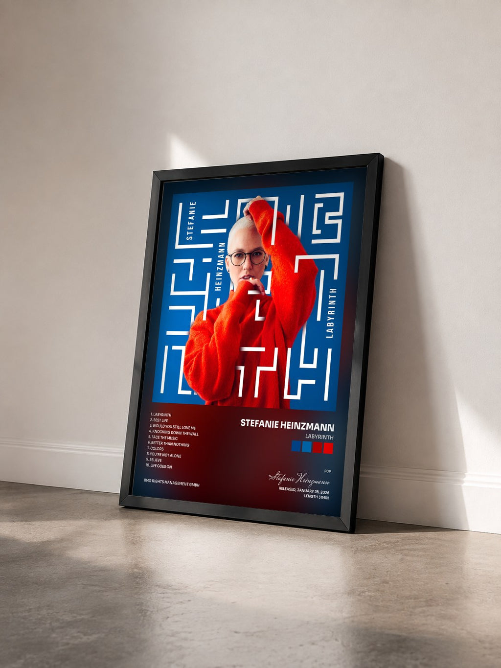 #noir Tableau de l'album Labyrinth de Stefanie Heinzmann vu de trois quarts, cadre noir