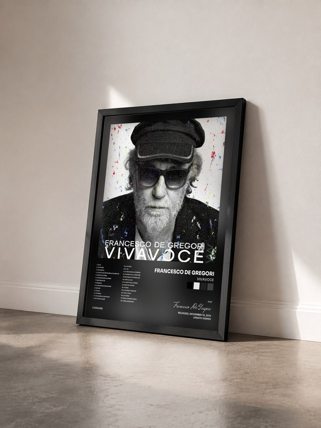 #noir Tableau de l'album Vivavoce de Francesco De Gregori vu de trois quarts, cadre noir