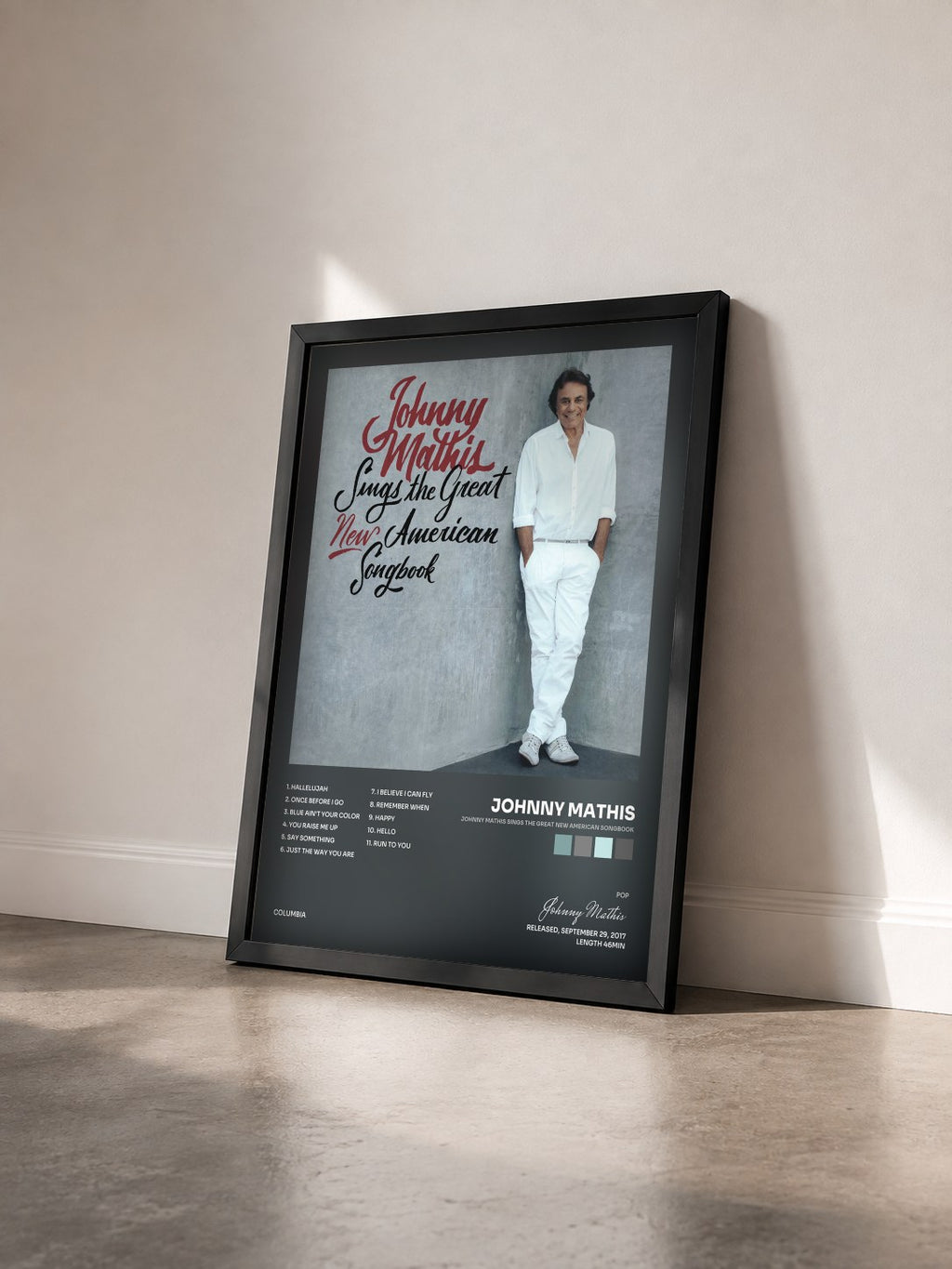 #noir Tableau de l'album Johnny Mathis Sings The Great New American Songbook de Johnny Mathis vu de trois quarts, cadre noir