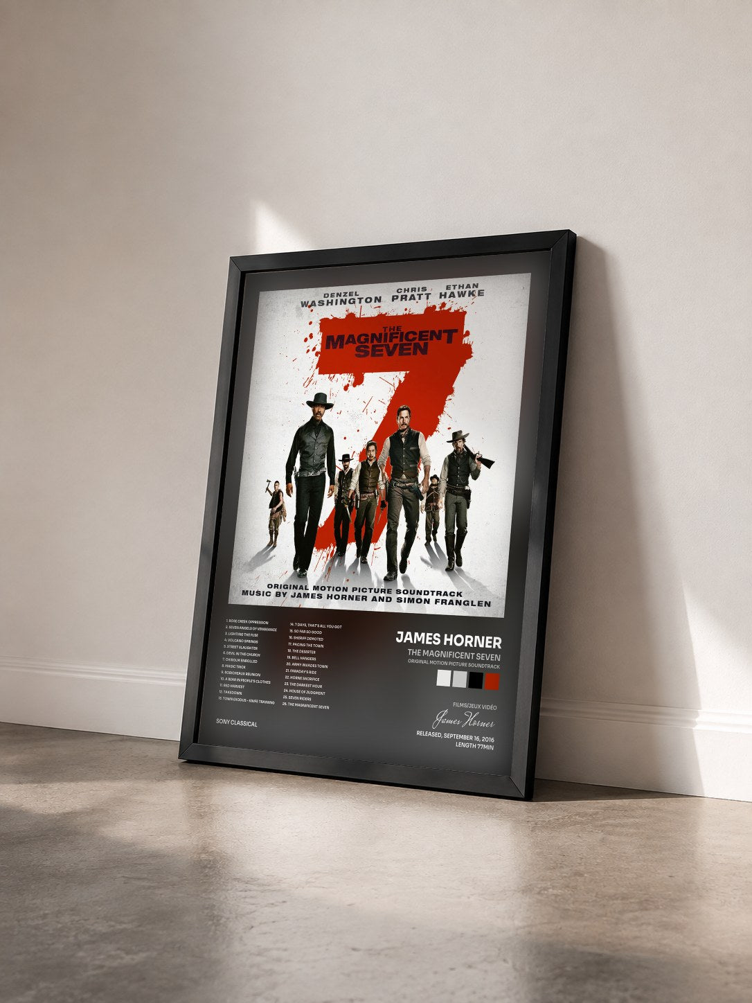#noir Tableau de l'album The Magnificent Seven (Original Motion Picture Soundtrack) de James Horner vu de trois quarts, cadre noir