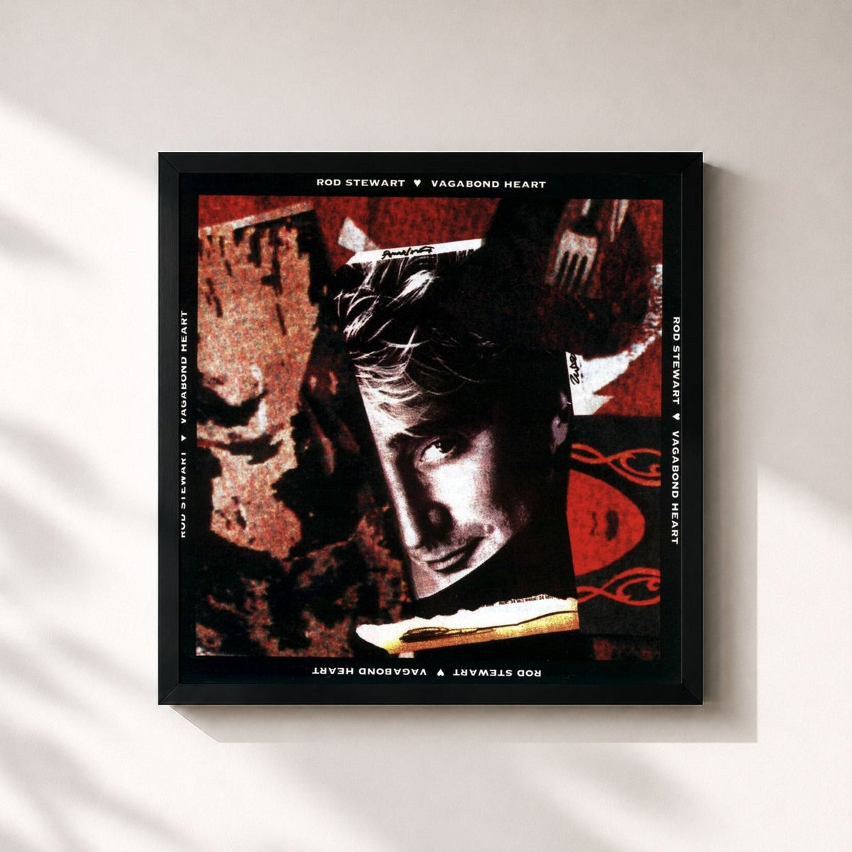 #noir Tableau carré de l'album Vagabond Heart de Rod Stewart, cadre noir 32x32 cm