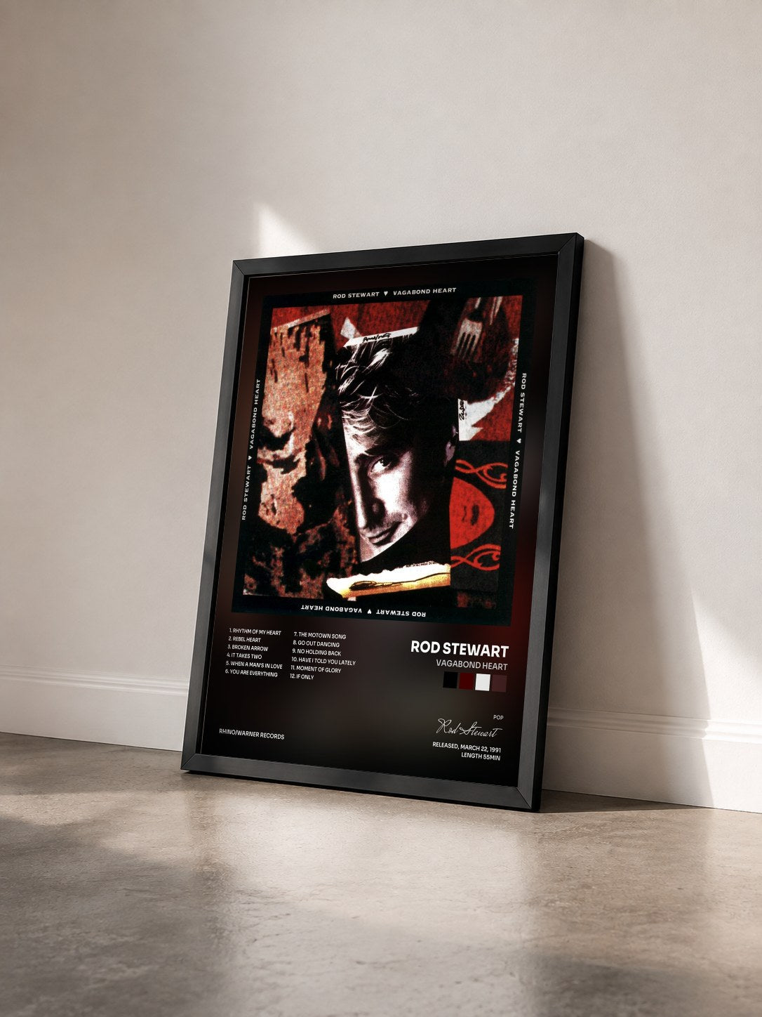 #noir Tableau de l'album Vagabond Heart de Rod Stewart vu de trois quarts, cadre noir