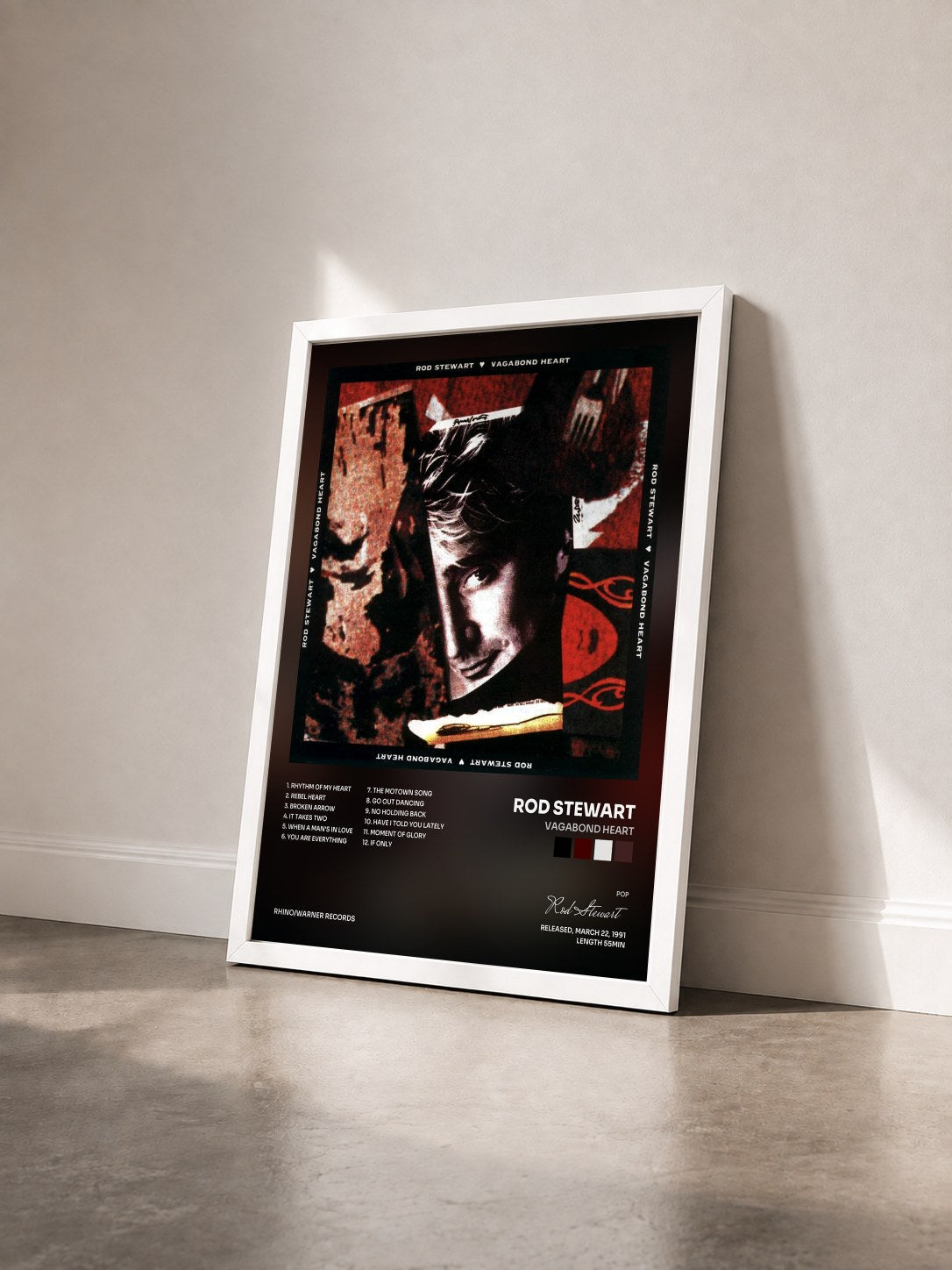 #blanc Tableau de l'album Vagabond Heart de Rod Stewart vu de trois quarts, cadre blanc