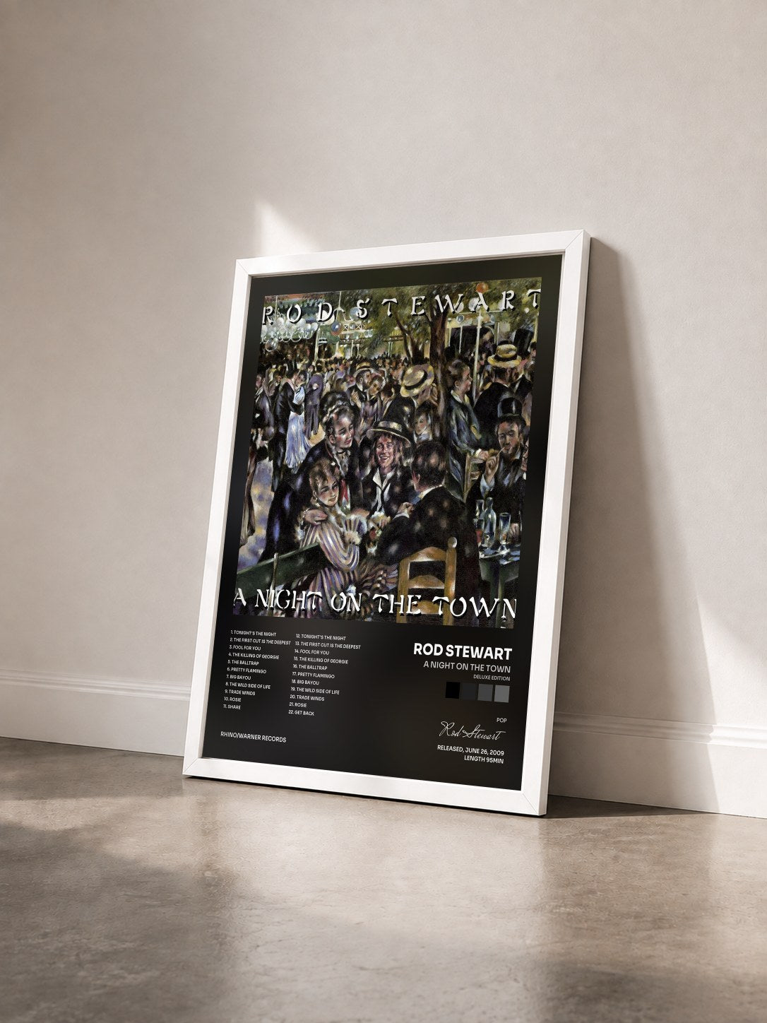 #blanc A Night on the Town (Deluxe Edition) de Rod Stewart en lámina enmarcada vista de tres cuartos, marco blanco